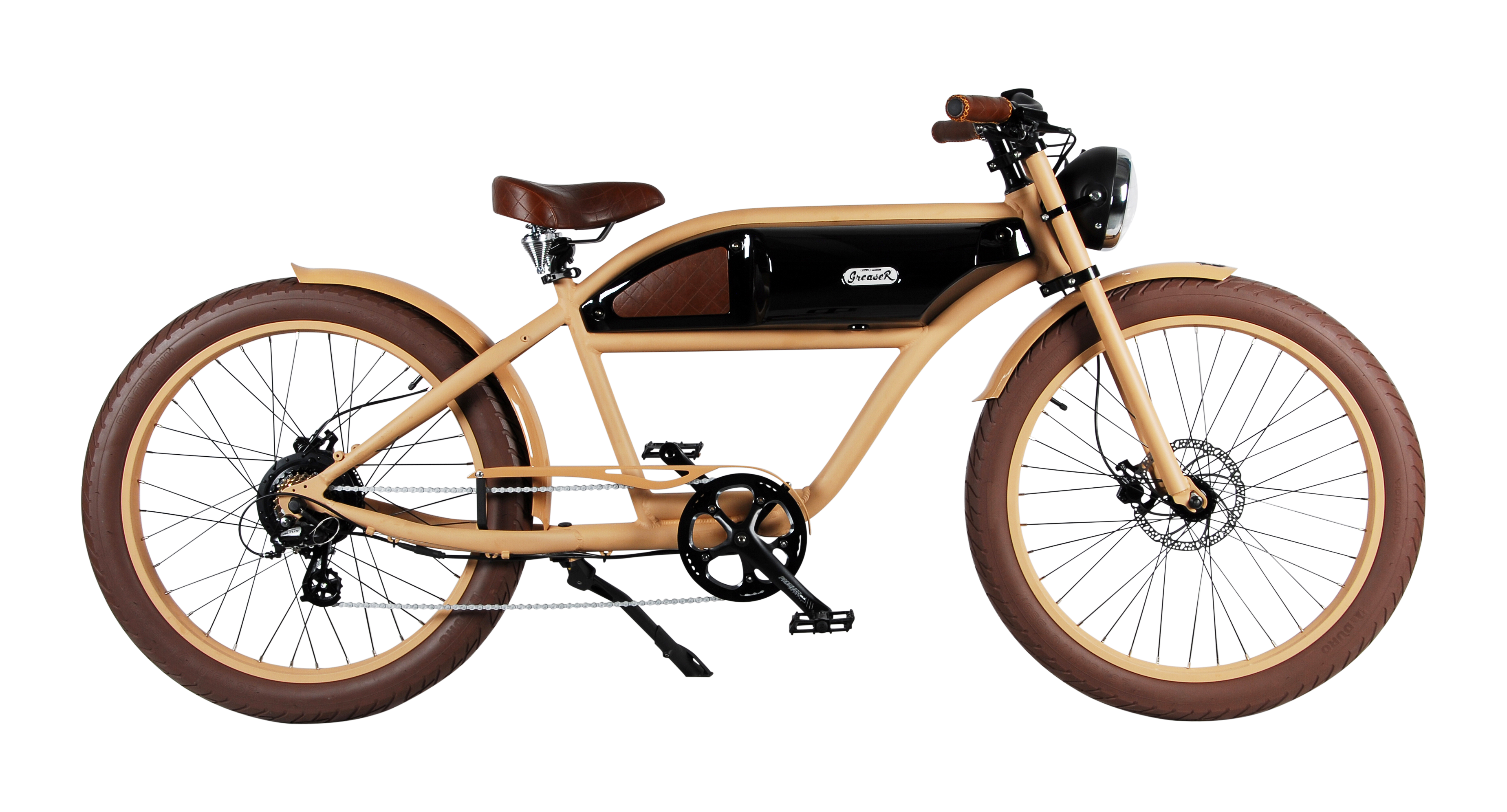 "GREASER" Das Vintage E-Bike in beige mit schwarz glänzendem Tank