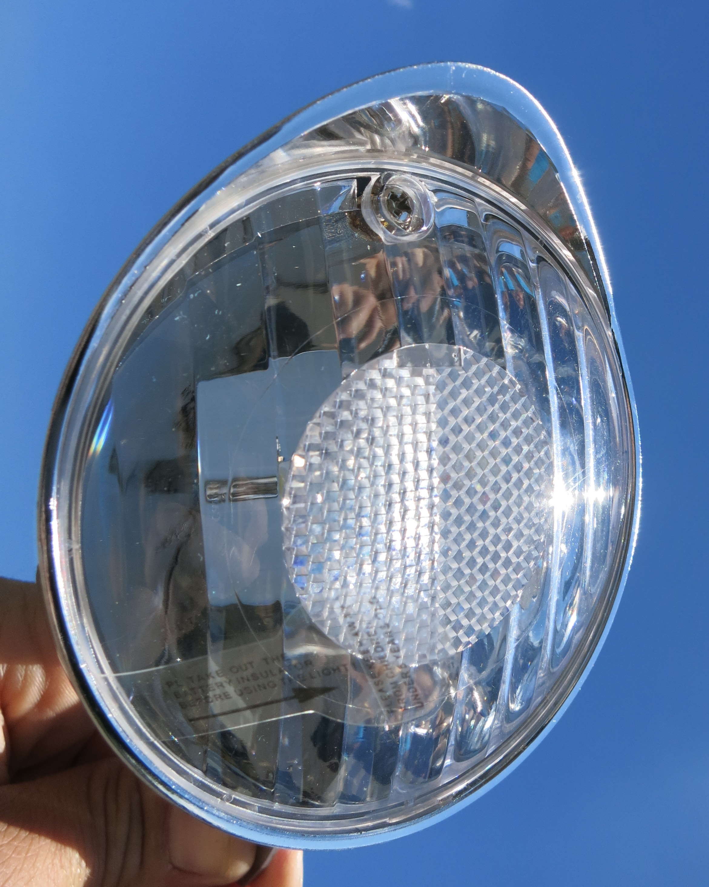 Classic Cycle LED Frontlampe Batterie 70 mm verchromt mit Sonnenschute klein